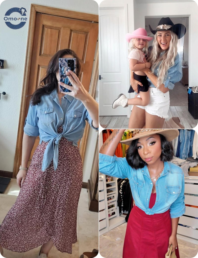 Omoone Women's 3/4 Sleeve Modern Denim Crop Top Tie Knot Shirt Cardigan (0774-Light Blue-XS) - Image 4